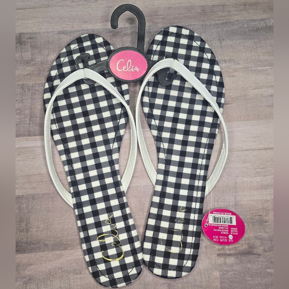 Celia Black and White Gingham Checkered Women's Flip Flops